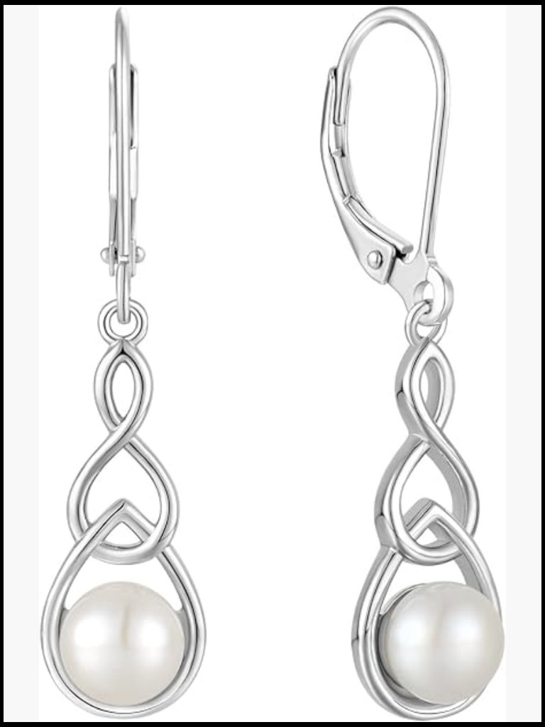 Pearl Drop Earrings Sterling Silver Infinity Knot Design Freshwater Pearl